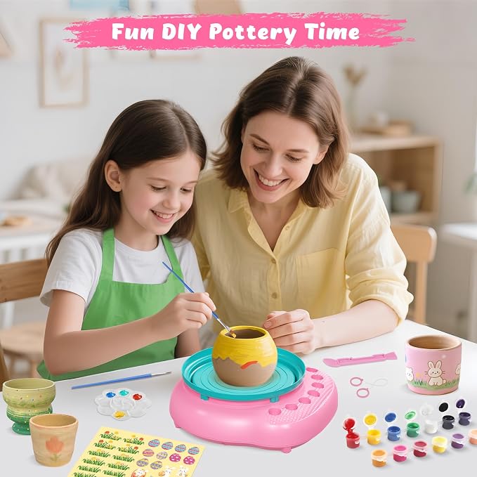 Pottery Wheel for Kids with Complete Clay Kit,Beginner Pottery Painting Set with Air Dry Clay,12 Paints,Sculpting Tools,Apron and Guide,Arts and Crafts Christmas Birthday Gift for Girls Boys Ages 6-12