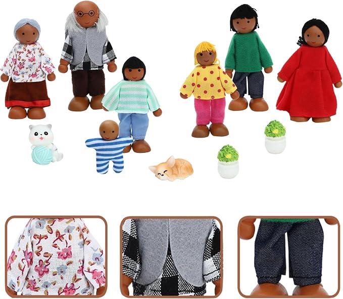 ONEST 18 Pieces Wooden Dollhouse Family Set Mini People Figures Dog Cat Sets Dollhouse Dolls Wooden Doll Family Pretend Play Figures Accessories for Pretend Doll House Toy