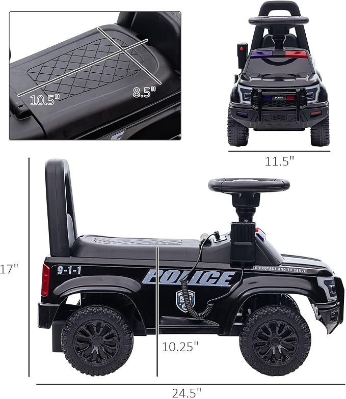 Aosom Kids Push Ride On Car with Working PA System and Horn, Police Truck Style Foot-to-Floor Sliding Car for Boys and Girls with Under-Seat Storage, for 18 Months to 5 Years Old, Black