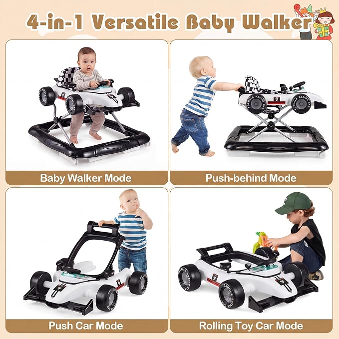 BABY JOY 4-in-1 Baby Walker, Foldable Activity Walker with Push Mode, Adjustable Height, Lights, Anti-Rollover, Baby Walker with Wheels for Boys Girls 6-18 Months (White)