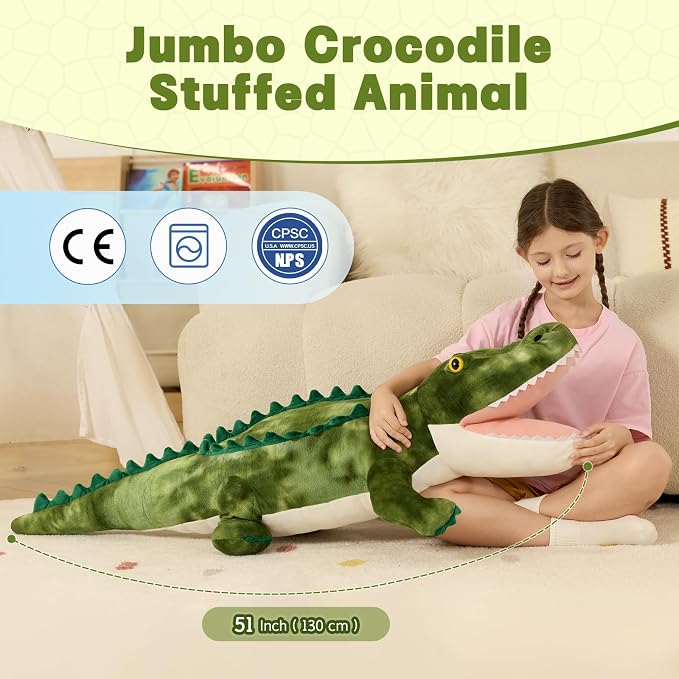 MorisMos Giant Alligator Stuffed Animal Body Pillow 4ft, 51.2" Extra Large Stuffed Alligator Toy for Kid Adult, Big Crocodile Plush Pillow, Realistic Crocodile Toy Gift for Christmas Birthday Decor