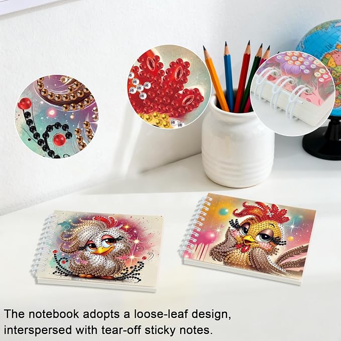 Formeydemi 2 Pcs Chicken Diamond Painting Notebook 80 Pages for Adults,Diamond Art Journal and DIY Sketchbook, Diamonds Art Kit Supplies,Gift for Beginners, Craft Lovers, Artists. (Chicken)