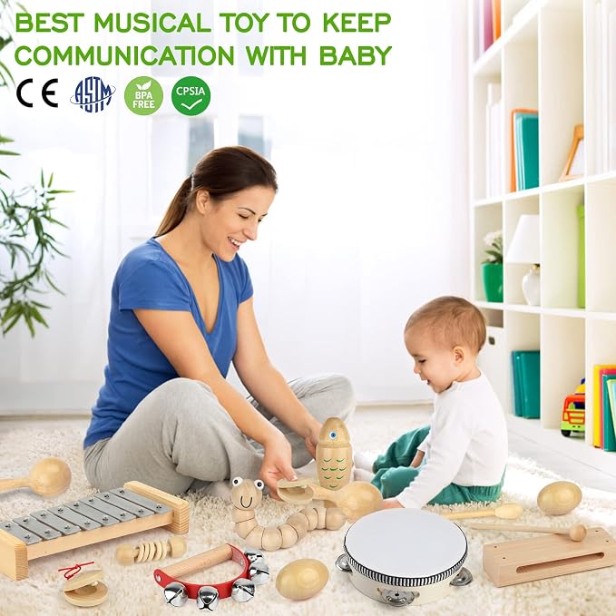 Kids Musical Instruments,100% Natural Wooden Music Percussion Toy Sets, 23 Pcs Tambourine Xylophone Toys for Kids, Girls Boys Preschool Education Early Learning Musical Toys with Bags