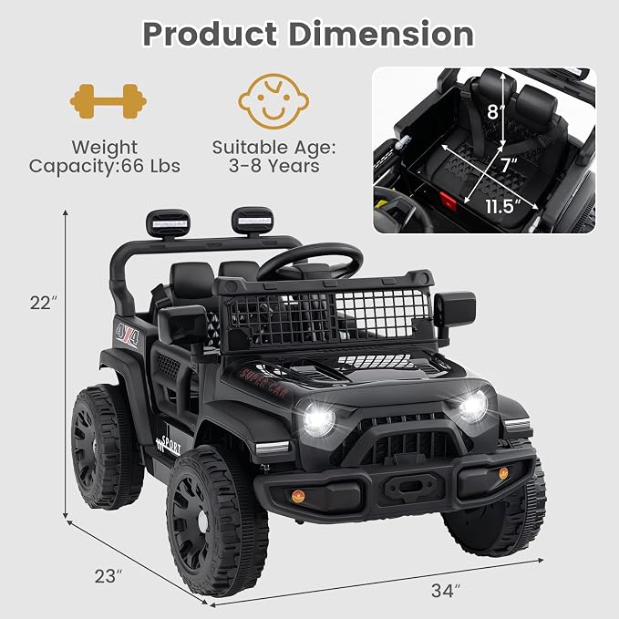 OLAKIDS 12V Ride On Truck, Battery Powered Electric Vehicle for Kids with Remote Control, Foldable Reflective Mirror, Spring Suspension, Music, LED Lights, Ride on Toy for 3+ Boys Girls (Black)