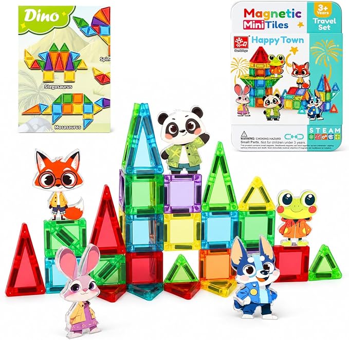 45PCS Mini Magnetic Tiles for Kids Ages 3-8, Travel Magnetic Building Blocks Set with 5 Cartoon Animal Figures, STEM Toys for Boys Girls, Portable Tin Case, Rabbit Panda Frog Fox Wolf
