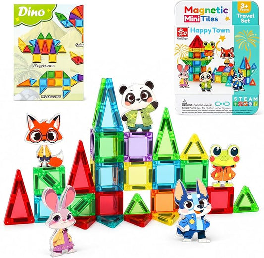 45PCS Mini Magnetic Tiles for Kids Ages 3-8, Travel Magnetic Building Blocks Set with 5 Cartoon Animal Figures, STEM Toys for Boys Girls, Portable Tin Case, Rabbit Panda Frog Fox Wolf