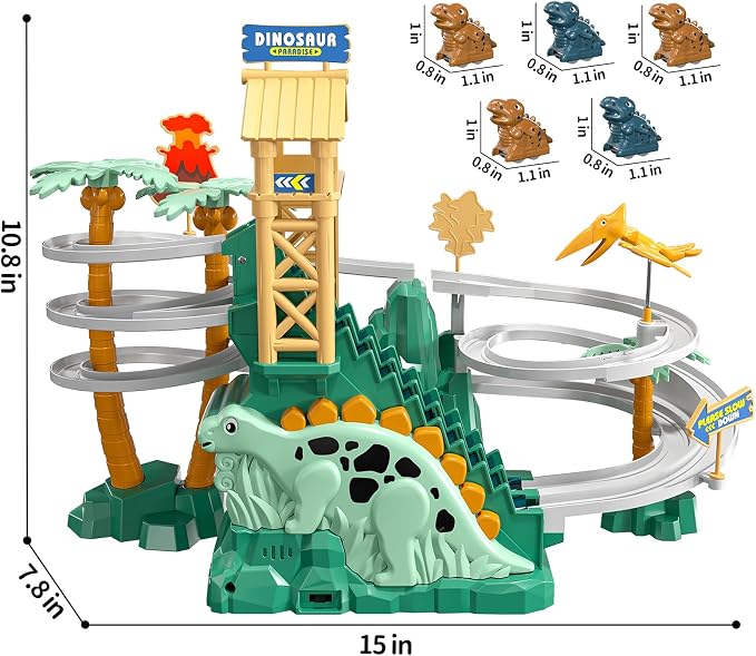 JUKUDAHU Dinosaur Climbing Slide Stair Toy for Toddlers Aged 3 4 5 6 7 8 - Racing Track Game Set, Sliding Car Toy, Dinosaur Themed with Light and Music, Birthday Dinosaur Gifts for Boys Girls Kids