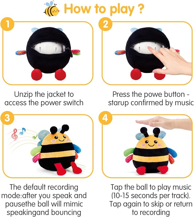 hahaland Tummy Time Bouncing Bee Toy for 6-12 Month, Musical Dancing Plush Bee Baby Toys 9 Month Old, Vibrating & Buzzing Bee Toy Gifts for 1 Year Old Boy & Girl