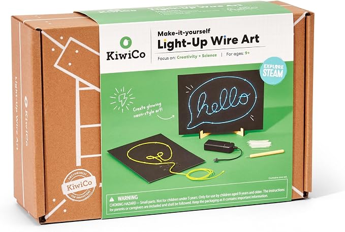 KiwiCo DIY Light-Up Wire Art STEM Kit, Ages 9+ – Electroluminescent Neon Sign Gift for Kids | Includes EL Wires, Battery Packs & Templates | Educational Science & Engineering Craft