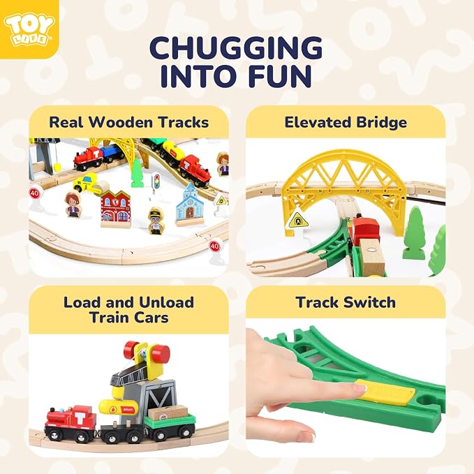 TOY Life Wooden Train Set 60pcs with Magnetic Crane, Wooden Train Tracks Toys for Toddlers Boys Girls 3 4 5, 3 Year Old Boy Gift, Wood Toys Toddler Train for Kids 4-8 - Fits Thomas Brio Chuggington