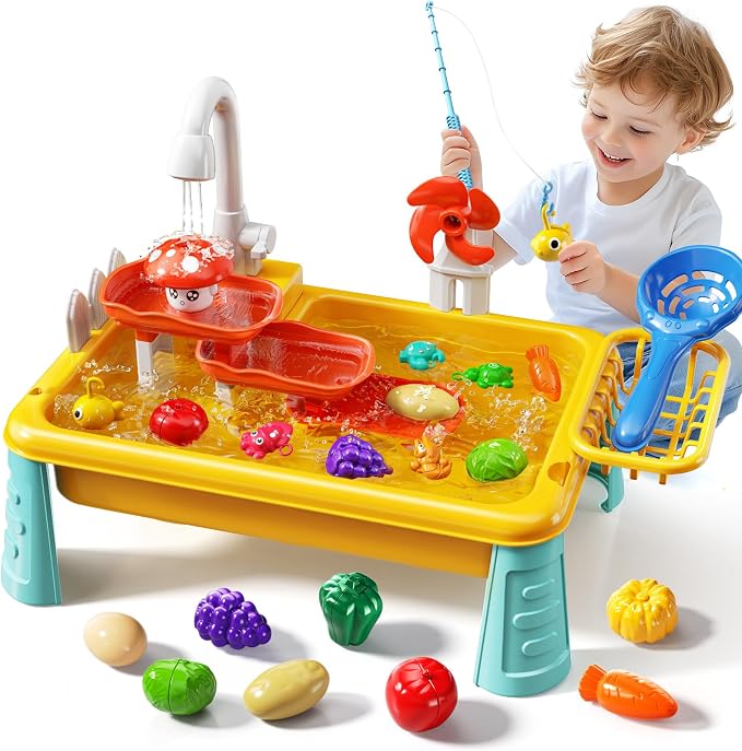 JUKUDAHU Water Table for Toddlers 1-3 - Outdoor Toys with Electrical Water Pump, Kitchen Play Sink with Running Water for Kids Ages 4-8, Fishing Toy, Sensory Activity Pool Toys Gifts for Boys Girls