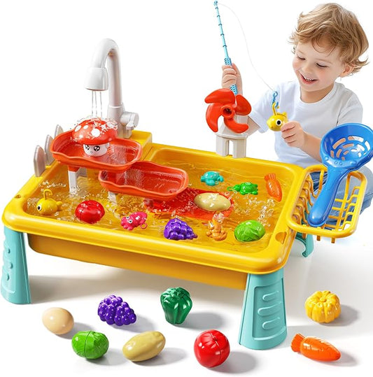 JUKUDAHU Water Table for Toddlers 1-3 - Outdoor Toys with Electrical Water Pump, Kitchen Play Sink with Running Water for Kids Ages 4-8, Fishing Toy, Sensory Activity Pool Toys Gifts for Boys Girls