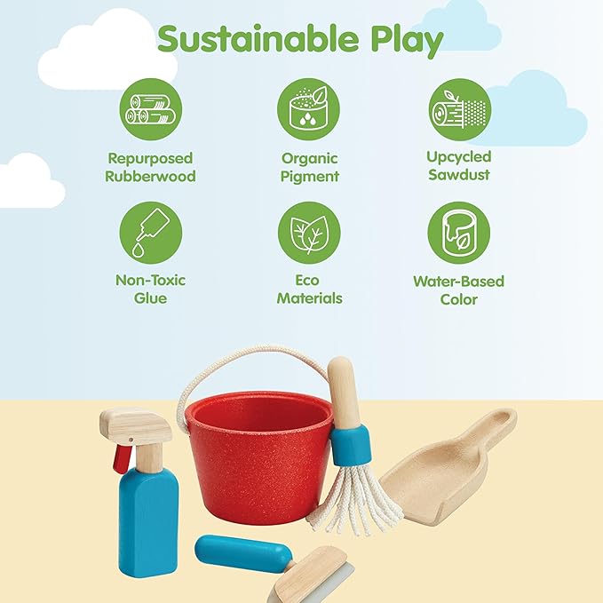 PlanToys® Cleaning Set | Montessori Wooden Housekeeping Play Set for Kids | Includes Broom, Mop, Dustpan, Bucket & Duster | Eco-Friendly Pretend Play Toy for Practical Life Skills & Responsibility