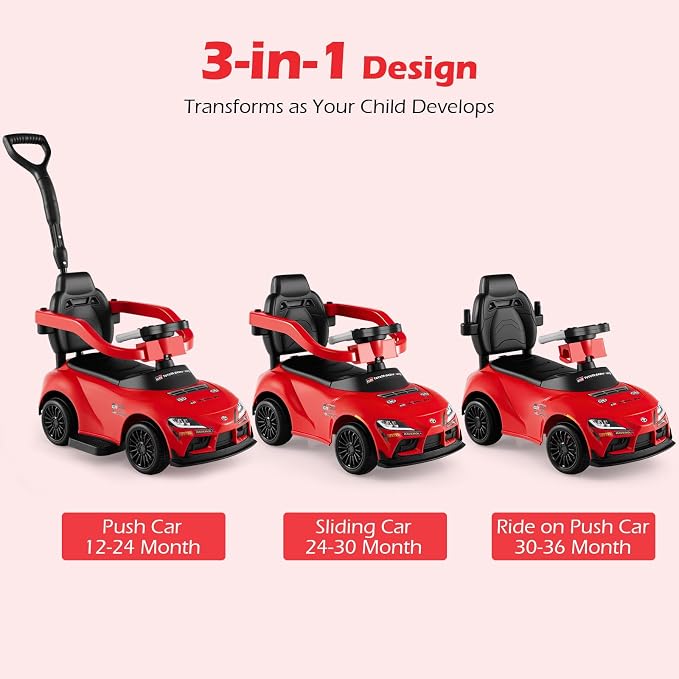 Licensed Toyota Ride on Push Car for Toddlers by INFANS, 3 in 1 Walking Sliding Toy with Removable Guardrails and Handle, Music, Under Seat Storage for Kid (Red)