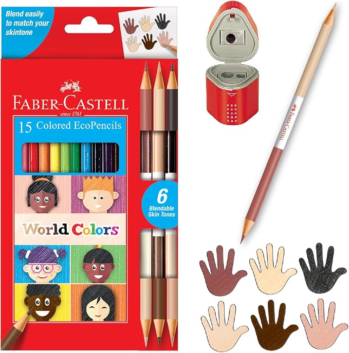 Faber-Castell World Colors Colored EcoPencils | 15 Colored Pencils, Skin Tone & Portrait Shades | Multicolor Colored Pencil Set for Drawing, Coloring, Classroom Use & Creative Expression (Ages 3+)