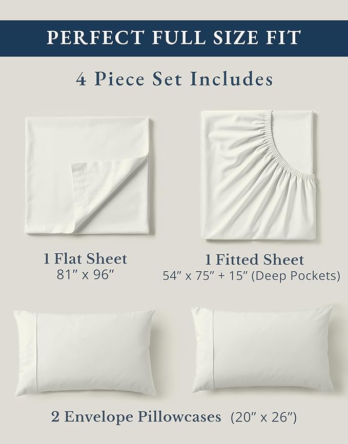LANE LINEN Full Bed Sheet Set 100% Organic Cotton Percale - Glacier Grey | Organic Cotton Percale Full Sheet Set - Naturally Cooling & Lightweight, Cool All Summer, Cozy All Winter, Great For Gifting