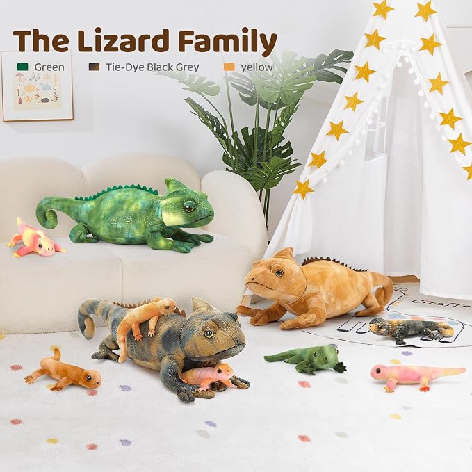 Green Lizard Plush, 27-Inch Mother Iguana Stuffed Animal with 4 Baby Lizard Plushies, 5-Piece Soft Giant Reptile Toy for Kids Gifts