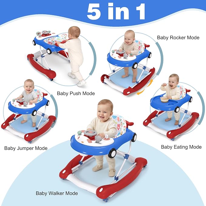 5-in-1 Convertible Baby Walker with Steering Wheel Music Activity Center – Infant Rocker, Jumper, Push Walker, Bouncer & Feeding Foldable Walker for Ages 6-18 Months Boys Girls (Red Blue)