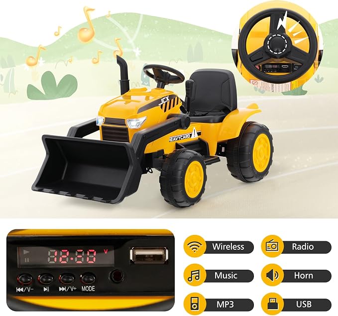 Costzon Ride on Excavator, 12V Kids Excavator Ride on Bulldozer with Remote Control & Adjustable Digger Bucket, LED Headlights, Music, Horn, USB, Electric Construction Ride on Toy for Kids 3-8, Yellow