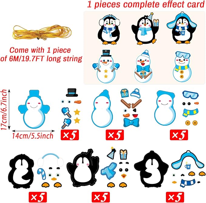 chiazllta 30 PCS Winter Christmas Craft Kits for Holiday DIY Snowman Penguin Sticker Craft Ornament Xmas Art Craft for Party Home Game Activities…
