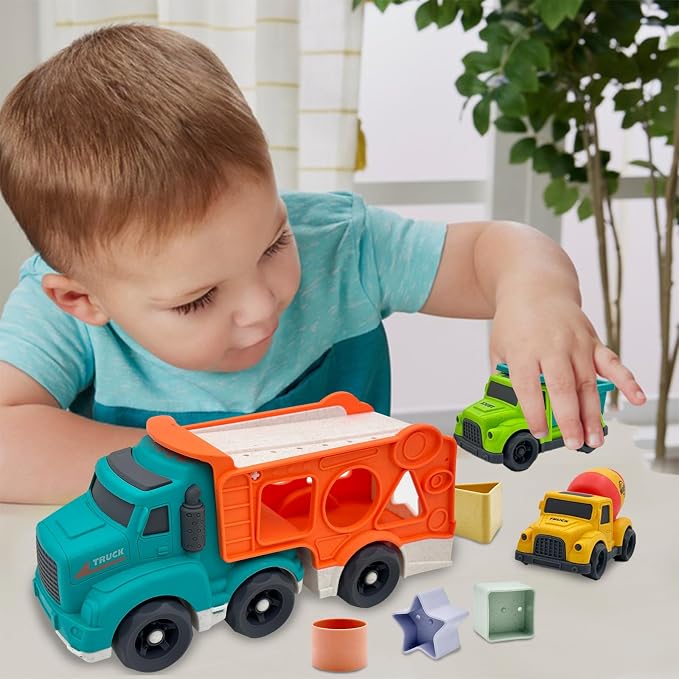 Aigitoy 3 Pcs Toddler Car Toys for 1-3 Years Old, Construction Vehicle Toys Carrier Tuck Set Includes Dump Truck, Mixer Cement, Shape Sorter, No BPA, Phthalates, PVC, Christmas Birthday Gifts for Kids