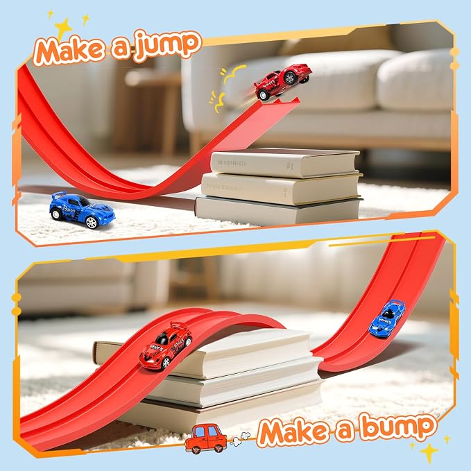 KETIEE Flex Tracks 16 Ft for Kids, Flexible Race Car Ramp Track with 2 Small Racecars and 4 Suction Cups Compatible with Diecast 1/64th Cars,Rolls Up Portable Racetrack for Ages 3 & Up
