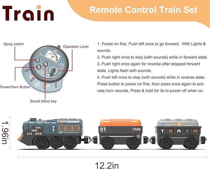Remote Control Steam Train for Wooden Tracks – RC Train Set with Realistic Smoke, Lights & Sound, Motorized Toy Train Compatible with Thomas & Friends, Brio, for Kids Ages 3-8