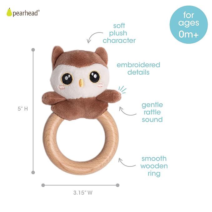 Pearhead Owl Wooden Baby Teether – Soft Plush Lovey with Natural Wood Rattle Ring, BPA-Free, Soothes Infant Gums, Multi-Sensory Newborn Essential for Boys and Girls, 0+ Months