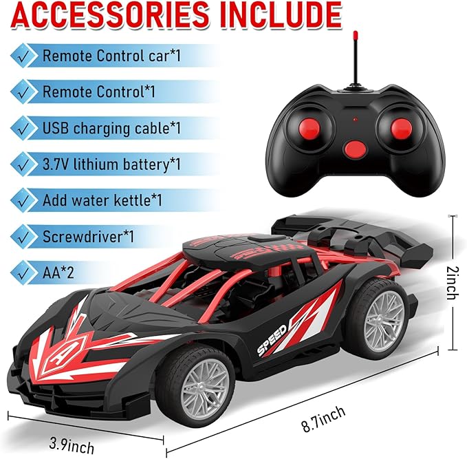 1/18 RC Car for Kids with Rechargeable Battery, LED Lights & Spray - Remote Control Car for Boys, Small RC Drift Cars for Ages 4-7 8-12(Black & Red)