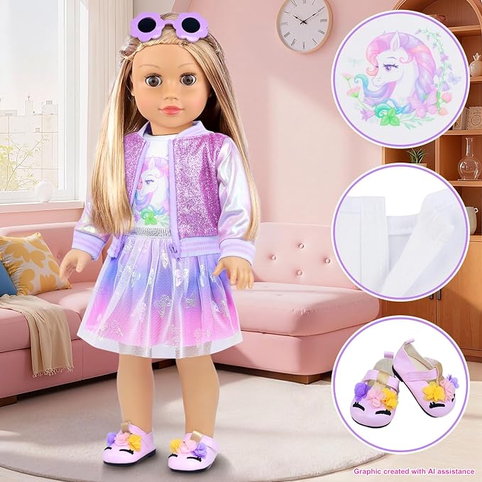 American 18 Inch Doll Clothes & Makeup Accessories Gift Set Includes Dress, Makeup Brush, Shoes, Bag, Haircomb, Eyeshadow, Lipstick, Wig, Hairpin, Sunglasses (Doll Not Included)