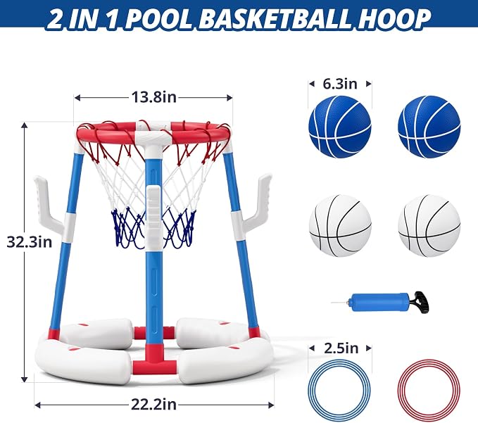 HYES 2 in 1 Pool Basketball Hoop with Ring Toss, Floating Pool Toys - Anti-Tip Stable Base - with 4 Balls/8 Rings/Pump - Summer Water Basketball Games Indoor Outdoor Gifts for Kids 4-8 & Adults, Red