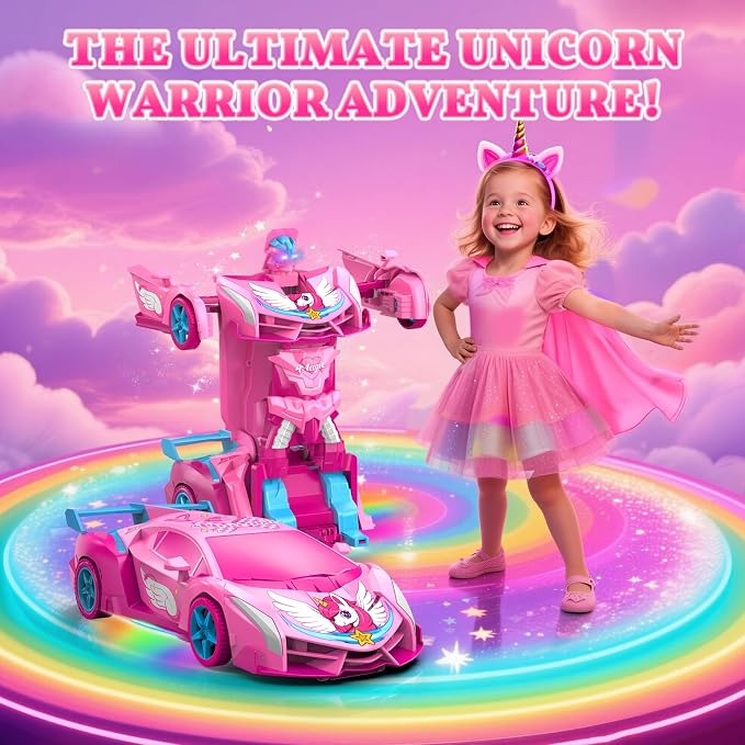Pink Unicorn Transform RC Cars for Girls Toys with Rainbow Eyes & Underbody Lights, Fast 360°Rotation & 2.4GHz Robot Remote Control Car One-Button Deformation,Birthday Gifts for 3-12 Year Old Girls