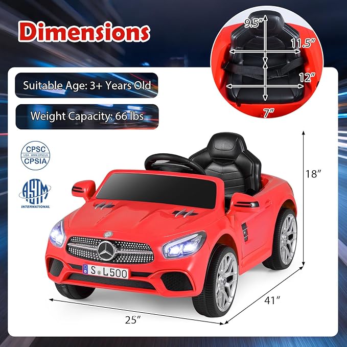 Costzon Ride On Car, 12V Licensed Mercedes Benz Electric Vehicles with Parent Remote Control, LED Headlights, Music & Wireless Connection, Kids Car for Boys Girls Aged 3-8 (SL500,Red)