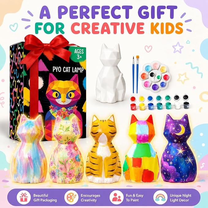 Goodyking Paint Your Own Cat Lamp Kit, DIY Cat Crafts Night Light, Painting Kit Arts & Crafts for Kids Ages 8-12, Art Supplies Birthday Easter Party Holiday Gift for Teens Girls Boys Age 3 4 5 6 7 8+
