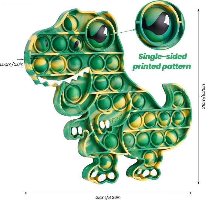 Dinosaur Push Pop Bubble Fidget Sensory Toy Silicone Large T-Rex with Printed Eye, Stress Reducer Anxiety Reliever Bubble Popper Board Fidget Squeeze Toy for Kids & Adults