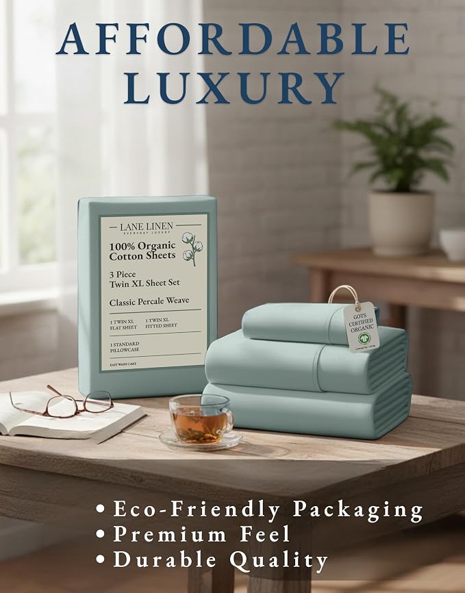 LANE LINEN Twin XL Sheet Set 100% Organic Cotton Cooling Soft - French Blue | Twin XL Sheet Set, Pure Long-Staple Organic Cotton - For Dorms & Adjustable Beds, Naturally Cooling & Lightweight