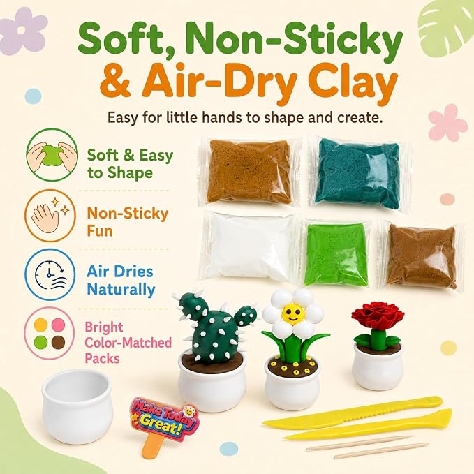 Air Dry Clay Kit for Kids, 12 Plants Modeling Magic Clay Sculpting Tools | Ultra-Light & Soft, Safe and Non-Sticky, DIY Flower Arts Craft Set, Home Party Favors Birthday Back to School Gift for Age 3+