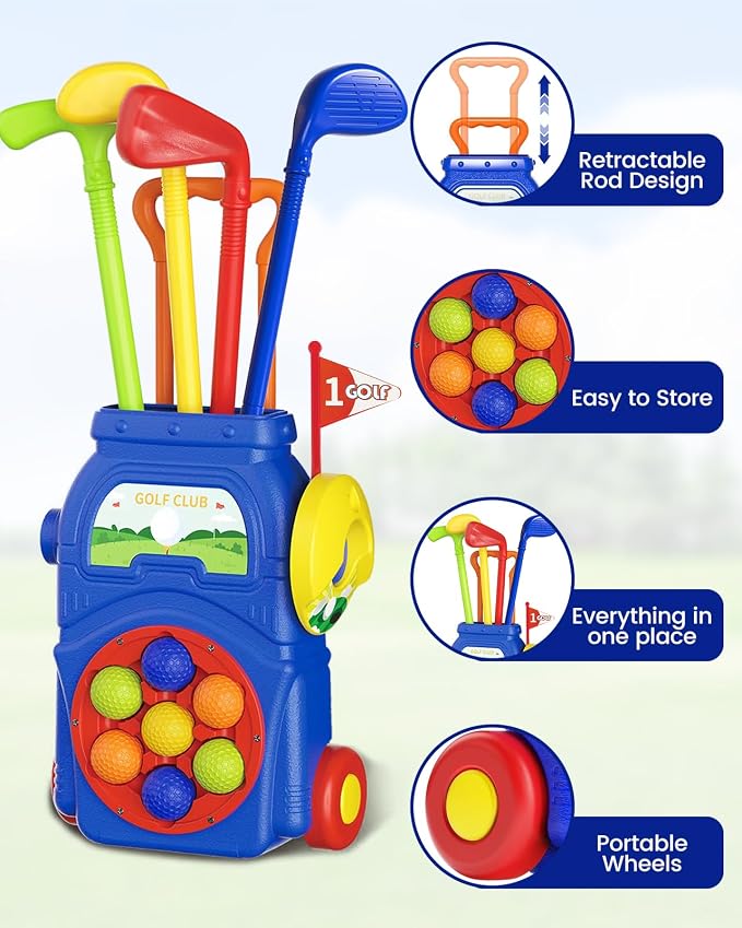 KINGTOP Toddler Golf Set with Putting Mat & Cornhole Board, Kids Golf Clubs 3-5 Years Old with 10 Balls, 4 Clubs, 2 Holes & Cart, Indoor Outdoor Toddler Sports Toys
