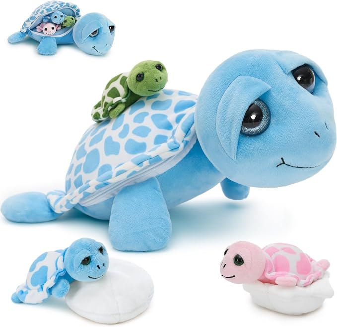 MorisMos Sea Turtle Stuffed Animal Mommy with Babies, 6 Packs Stuffed Turtle Toys for Kids Toddlers, 14'' Mama Big-Eyed Tortoise Toy, Sea Stuffed Animal Plush Pillow Gifts for Birthday Christmas