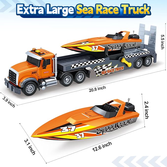 SpringFlower 3 4 5 6 Boy Toys, Extra Large Truck Toy with Sounds & Lights, 21" Semi Truck Toy Flatbed Transport Boat Vehicle，2 in 1 Kids Boy Toddlers Age 3 4 5 6 7 Birthday Gifts