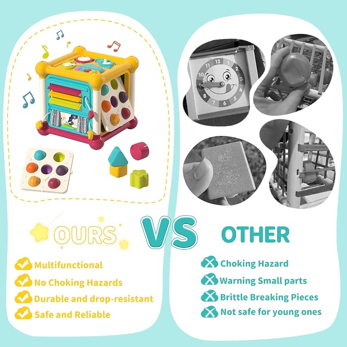 Baby Activity Cube, 12-in-1 Educational Early Development Toy with 4 Sensory Shape Blocks, Music Busy Board, Montessori Toys for 1 2 Year Old, Birthday Gift for 1 Year Old