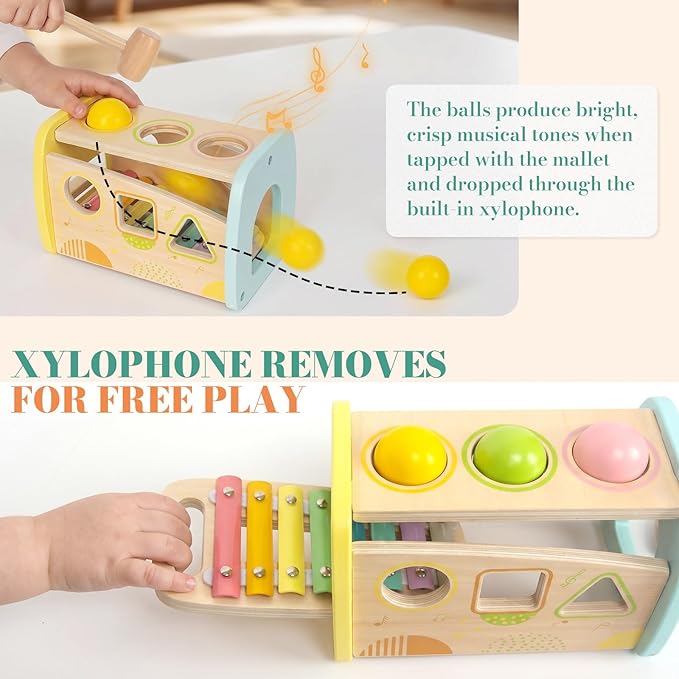 WOODENFUN Hammering Pounding Toys Wooden Educational Toy Xylophone Shape Sorter, Birthday Gift for 3 Years Boys Girls Baby Toddler Kids Developmental Montessori Learning Toy (Yellow)