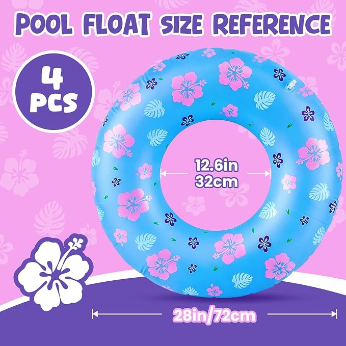 4-Pack Hawaiian Leaves & Flowers Pool Floats for Kids, 28 Inch Inflatable Swim Rings, Summer Beach Toys, Birthday & End-of-School Class Party Favors Decorations