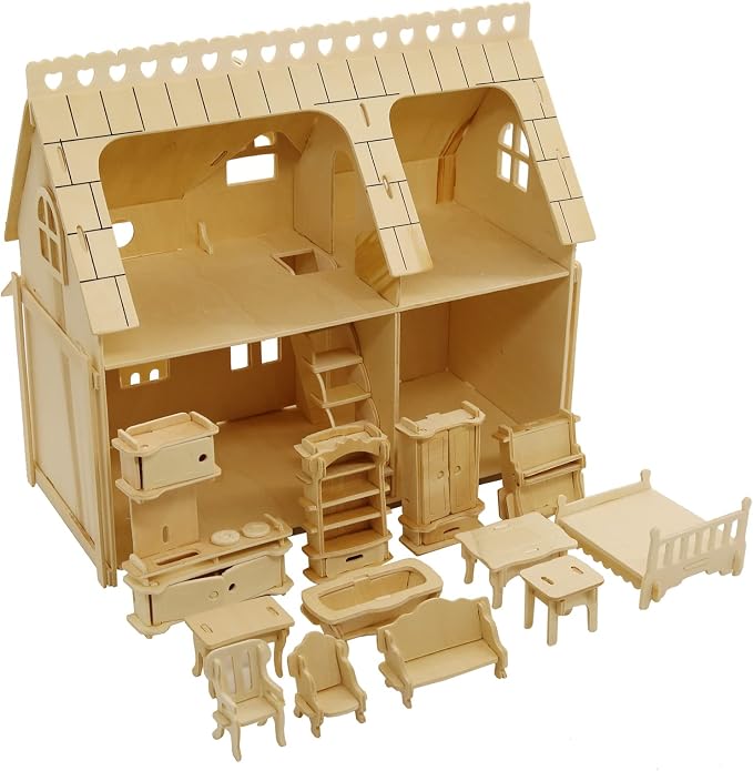 CUTEROOM 3D Wooden Puzzle House, DIY Dollhouse Miniature Kit - Wooden Model Kit (Separate House) with Furnitures -Adult Interactive Puzzle Set