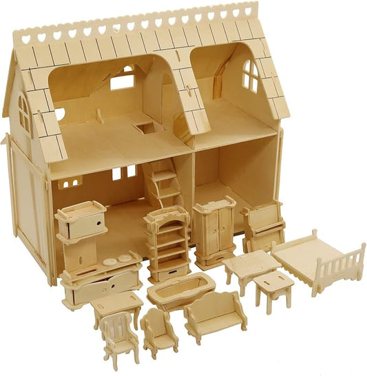 CUTEROOM 3D Wooden Puzzle House, DIY Dollhouse Miniature Kit - Wooden Model Kit (Separate House) with Furnitures -Adult Interactive Puzzle Set