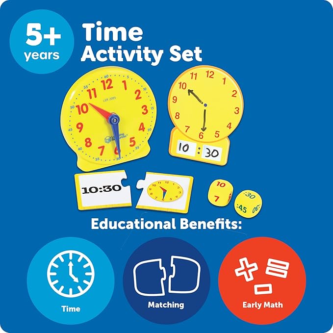 Learning Resources Time Activity Set - Kids Learning Clock, Classroom Clocks for Students, Telling Time Teaching Clock, Analog Clocks for Kids, Teaching Classroom Supplies