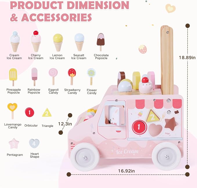 labebe Wooden Push Walker, Push Activity Walker for Kids 12M+, Multifunctional Ice Cream Cart Activity, Adjustable Speed Learning Walking with Wheels, Birthday Gift for Girls Boys Ages 1-3 (Pink)