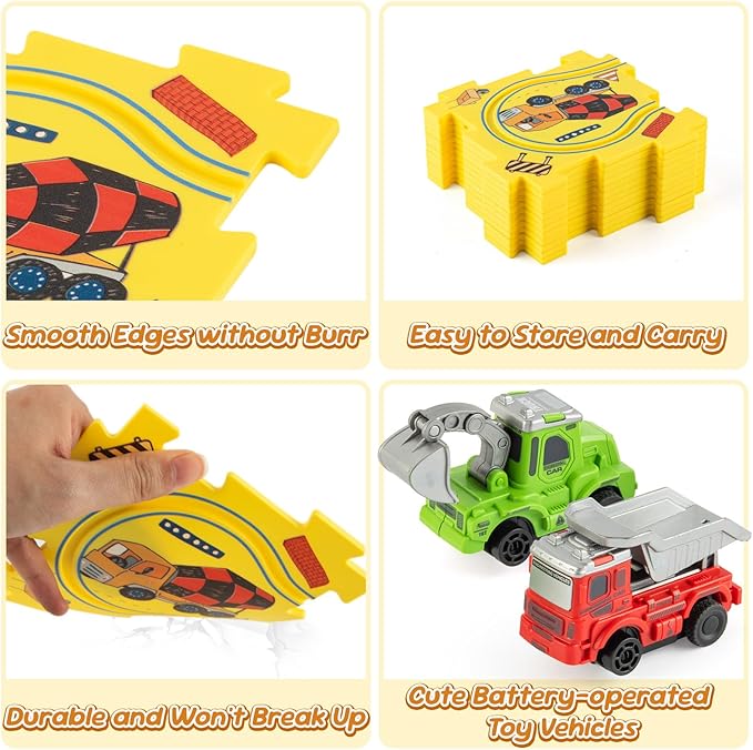 Plastic Puzzles for Kids Ages 3-5 with Toy Cars (Excavator + Dump Truck), Gift Toys for 3 4 5 6 Year Old Boys Girls, Toddler Puzzle Track Car Play Set, Critical Thinking Educational Toys