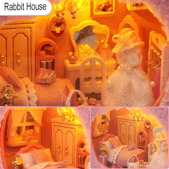 Miniature Dollhouse Kit DIY Wooden Dolls House,Tiny House kit with Furniture, Great Handmade Crafts Gift for Birthday Valentine's Day (Rabbit House)