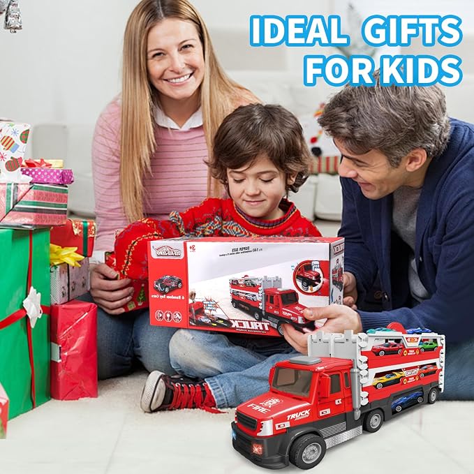 DOWELLIN 6 in 1 Transport Truck Toys for Kids, Police Trucks Carrier Cars with 6Pcs Metal Race Car with Light&Sounds, Toddler Vehicles Toys Gifts for Boys Girls Age 3 4 5 6 7 8-Red